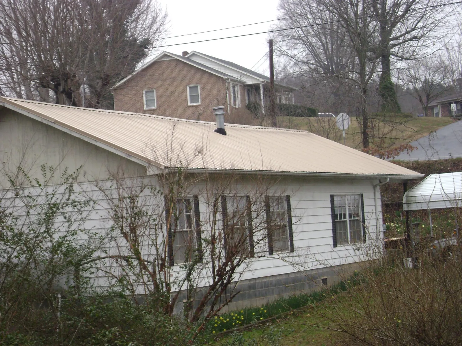 Tan metal roof on a white sided house set into a hillside in Mendota